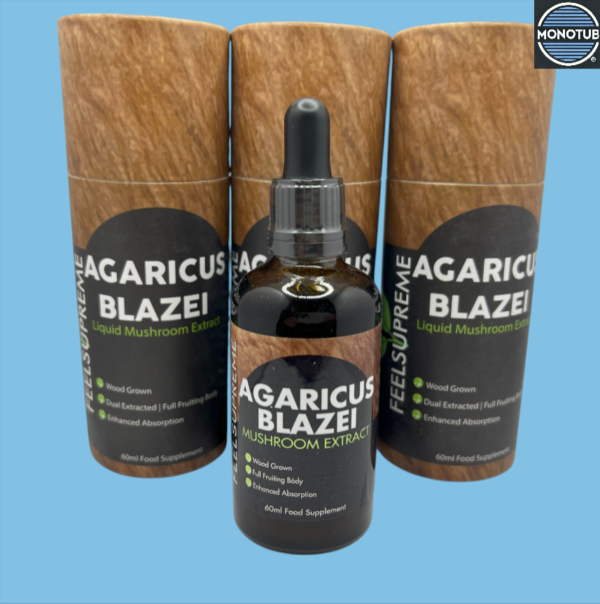 Agaricus blazei mushroom tincture bottle and packaging—liquid medicinal mushroom extract rich in beta-glucans for immune support.