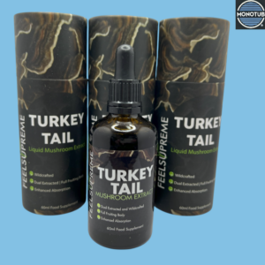 Turkey Tail liquid tincture bottle with packaging—dual-extracted mushroom extract for immune support and wellness.